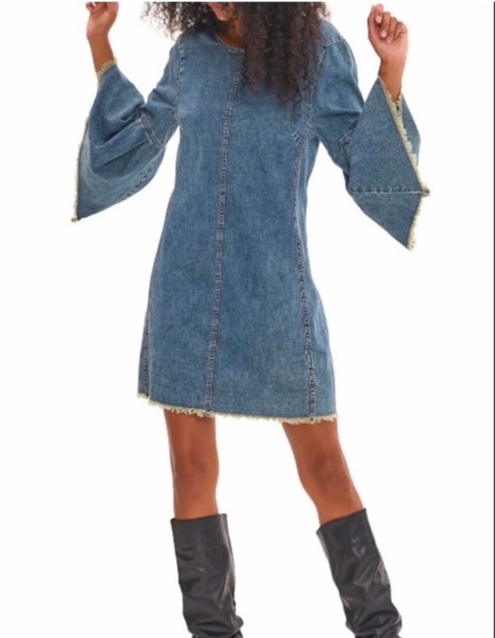 Free People Reckless Life Denim Dress Bell Sleeves Raw Hem Womens Size 4